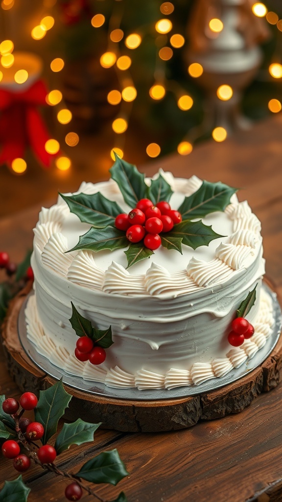 A festive Christmas cake with white icing and holly decorations on a wooden table with fairy lights.